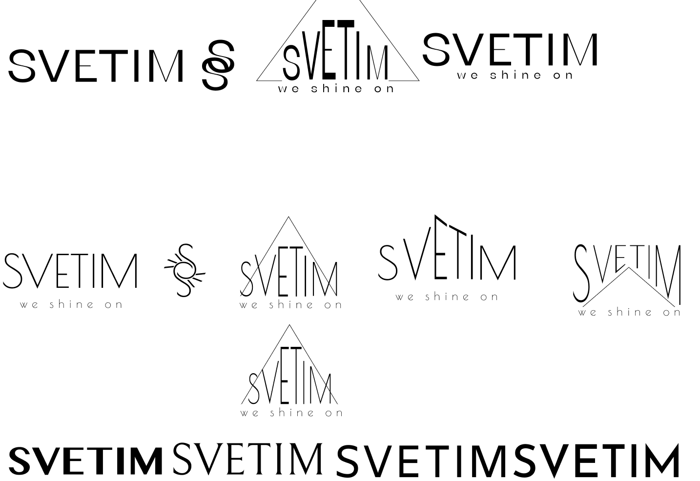 A set of possible design sketches in figma using sans serifed fonts and triangular shapes. "we shine on" is suggested for a subheading under the primary logo.