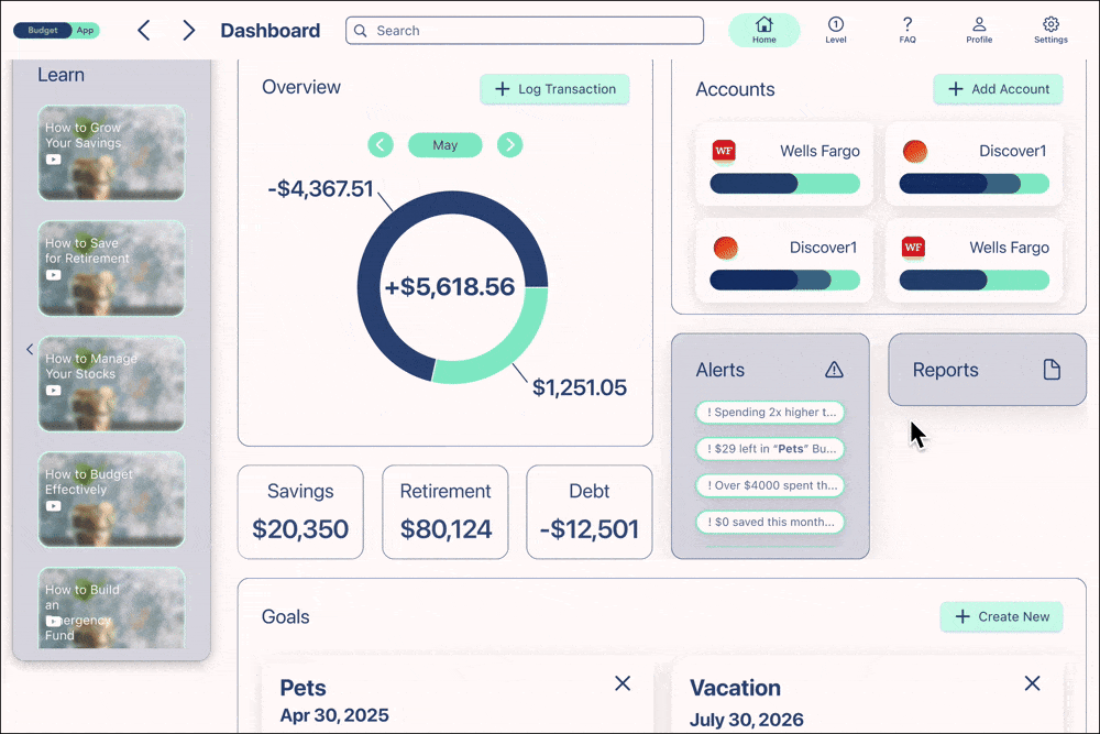 Animated preview of creating a budget in three taps on the desktop site