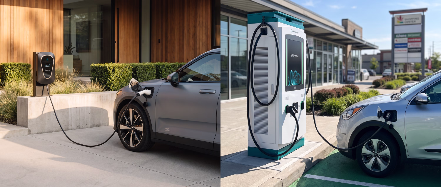 A split-screen showing an EV plugged into a home charger