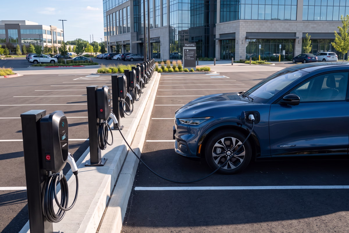 Several EV chargers installed outside an office building