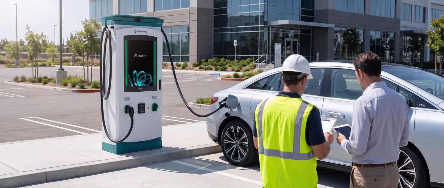 An electrical inspector and contractor standing beside newly installed EV chargers in a commercial parking lot