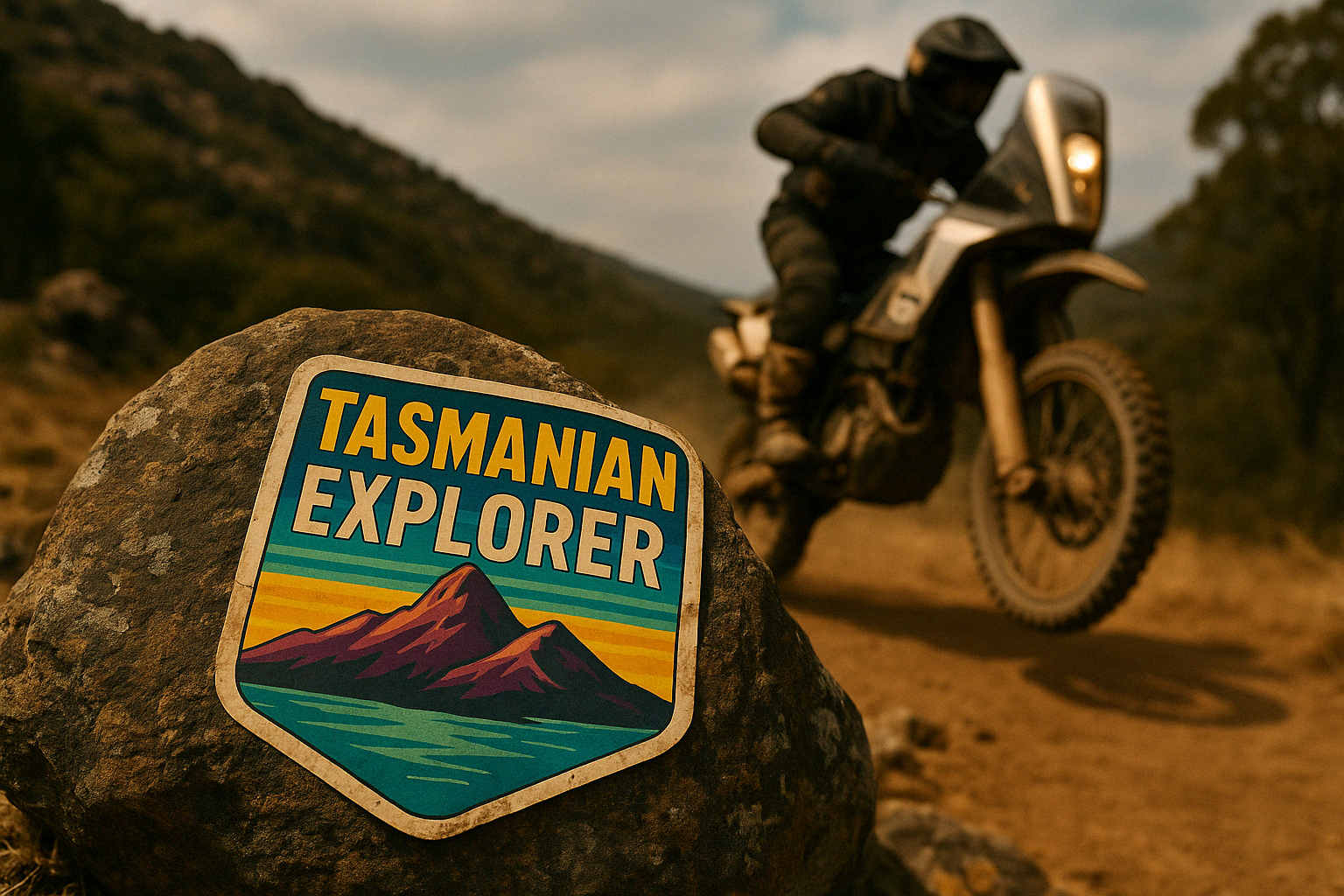 Tasmanian Explorer logo on a rock with a motorcycle rider in the background