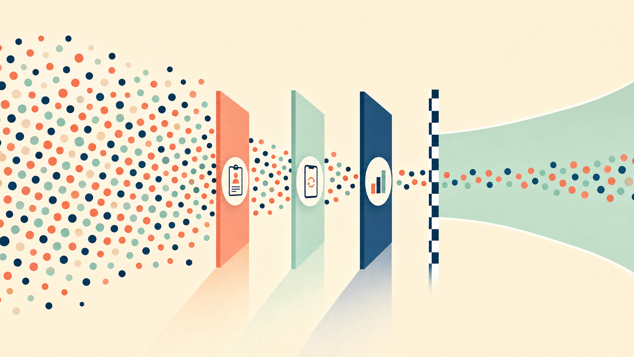 Abstract illustration showing participant dots narrowing through registration, syncing and scoring barriers before a workplace step challenge