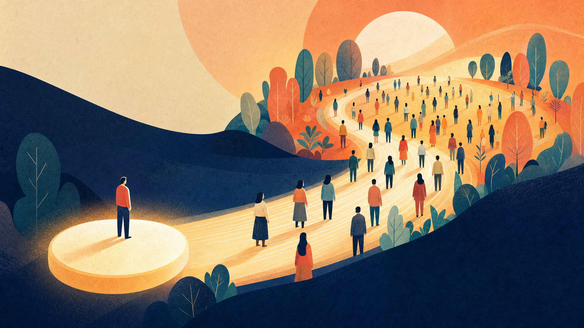 Editorial illustration of one organisational commitment growing into collective employee participation and shared impact