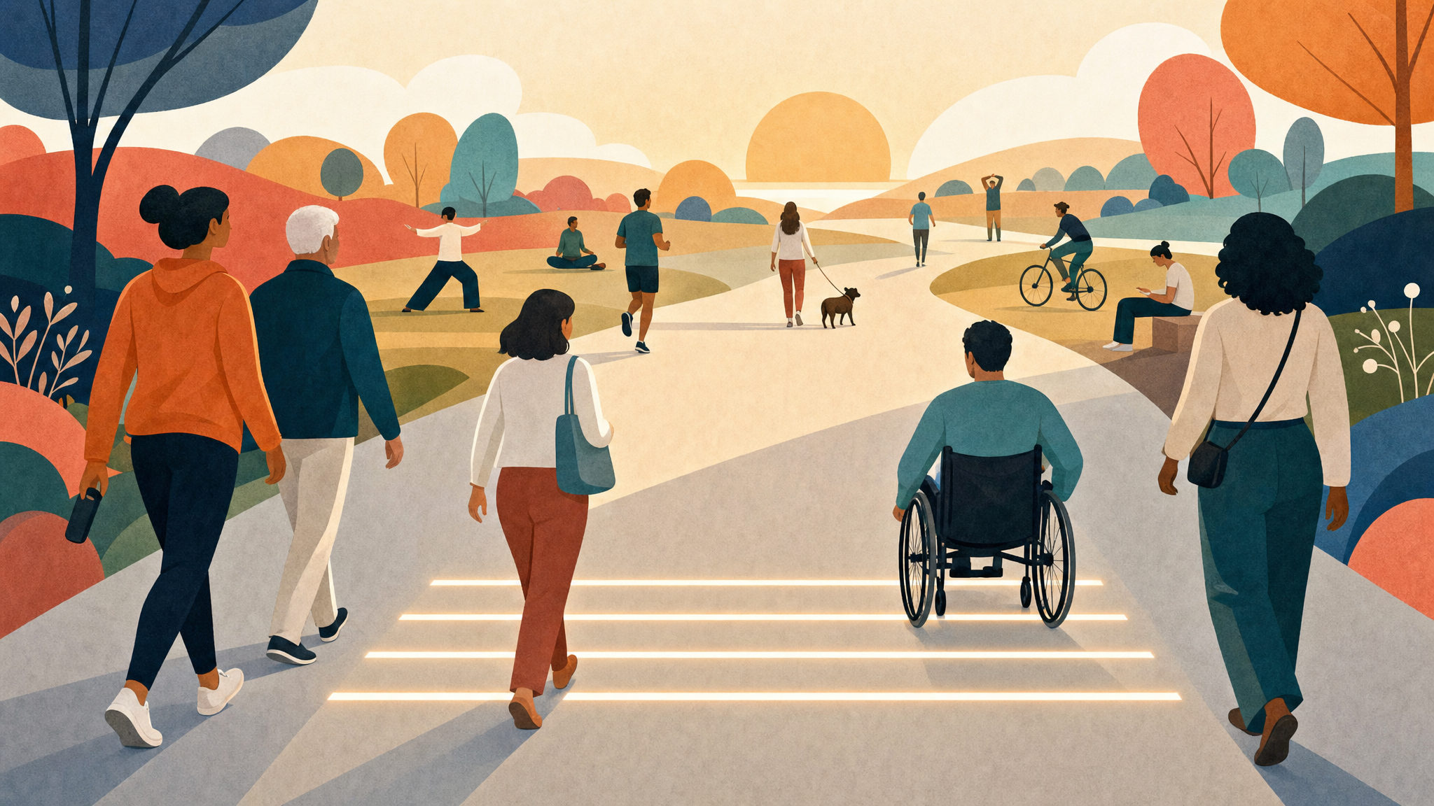 Inclusive employees crossing five illuminated markers on a level path into a welcoming wellness experience