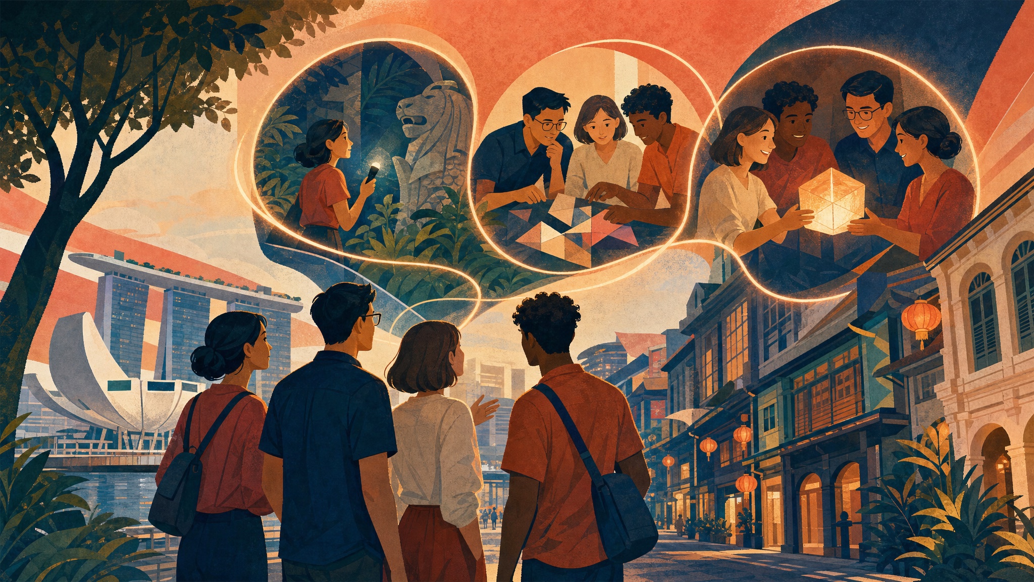 Four teammates in Singapore connected to three memorable Amazing Race story moments by a glowing narrative thread
