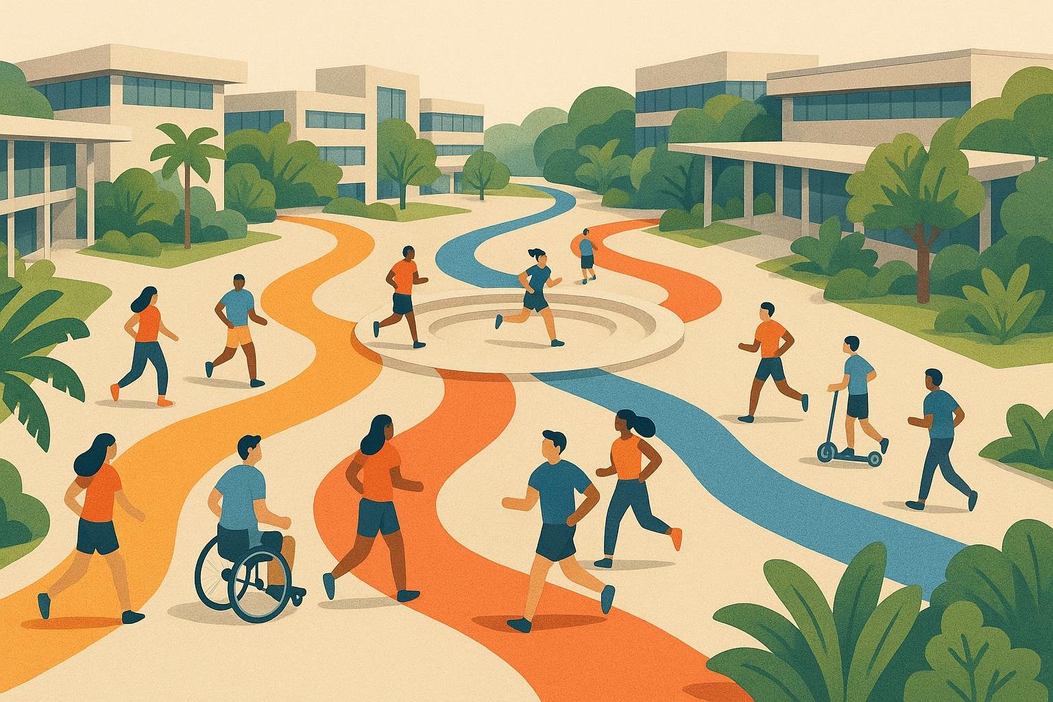 Illustration of university students following flexible routes through a tropical campus challenge