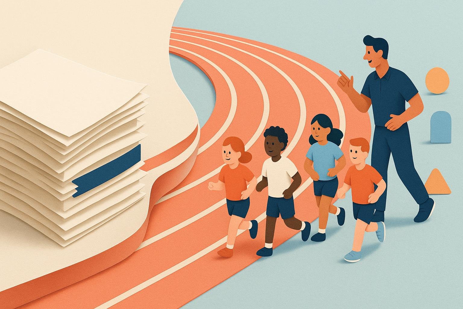 Illustration of school event paperwork transforming into an activity track for students and a teacher