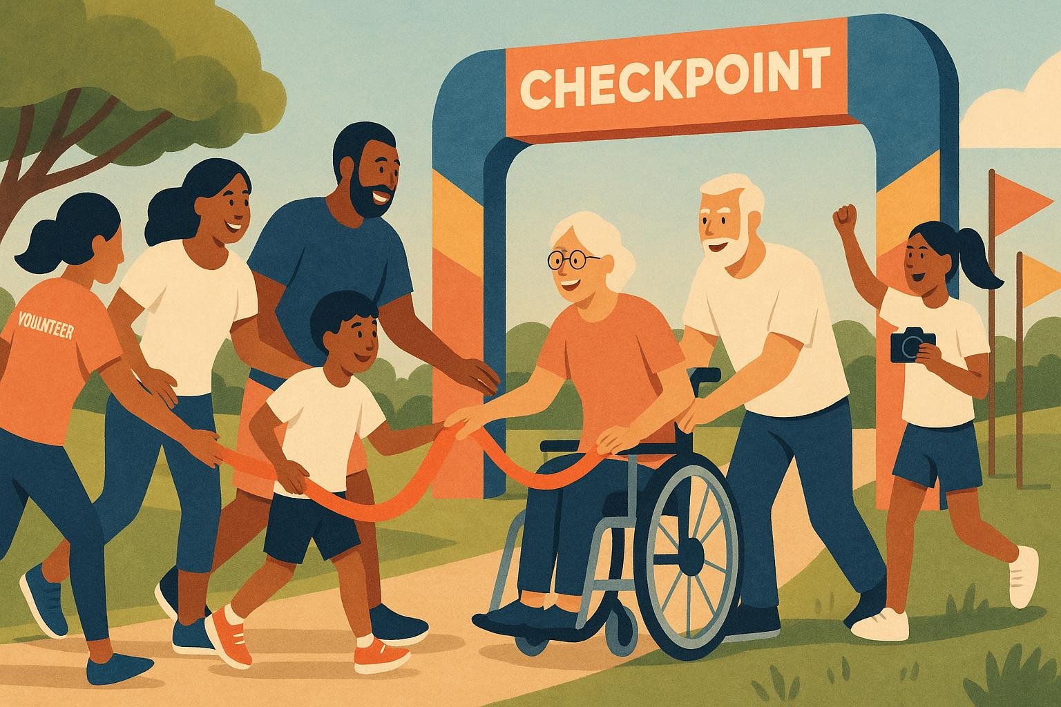 Diverse multi-generation family mid-action at a Family Day checkpoint, volunteers nearby and clear signage.