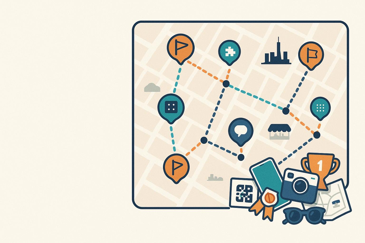Stylised overhead neighbourhood map with colourful route lines, playful checkpoint icons and a small cluster of participant items (phone with QR card, instant camera, trophy) suggesting a half‑day Amazing Race in Singapore.