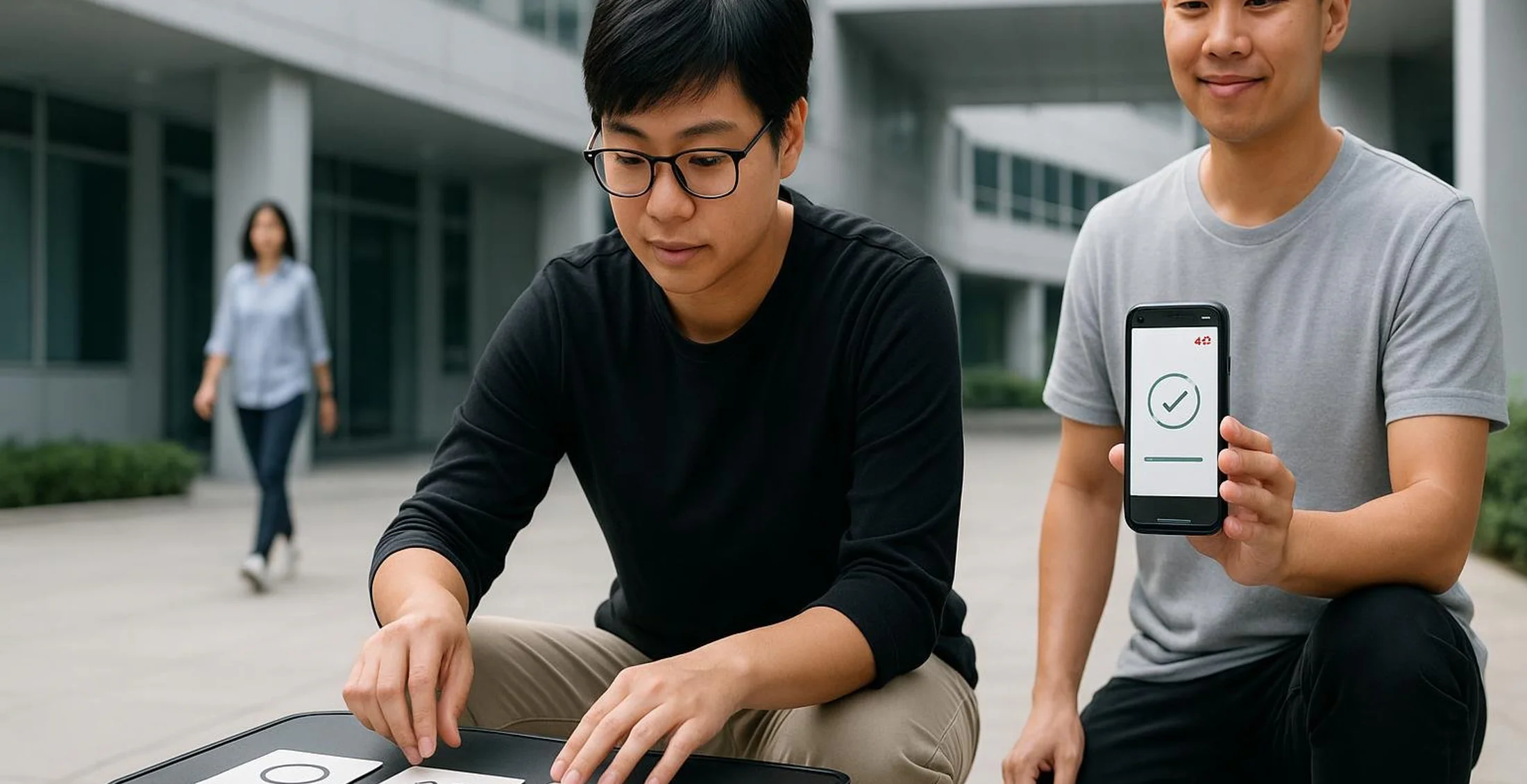 Asian colleagues plan a corporate Amazing Race route together using practical checkpoints.