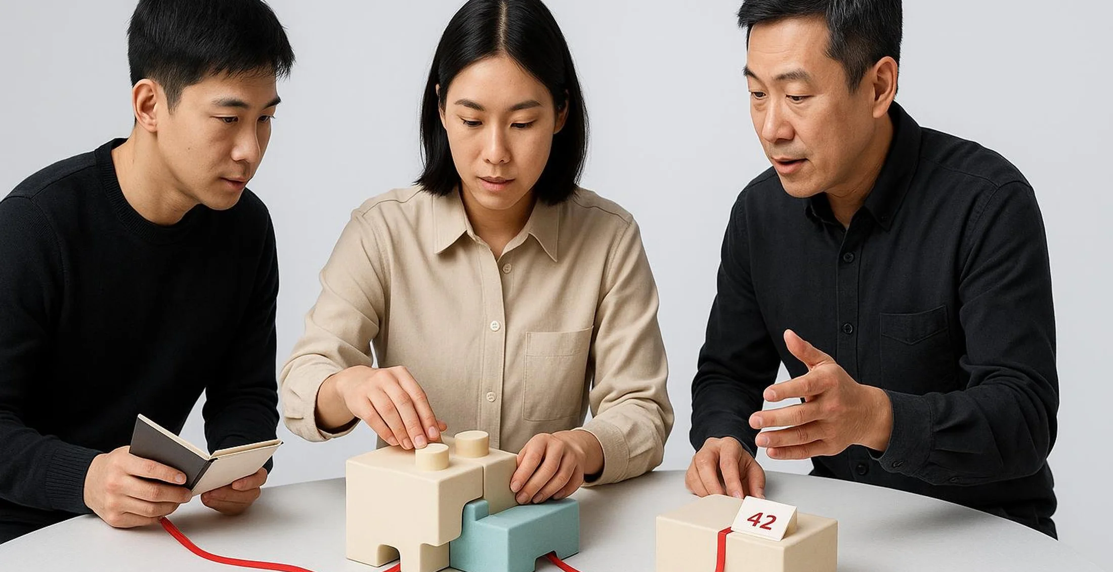 Asian colleagues take part in a purposeful team activity in a clean Singapore setting.