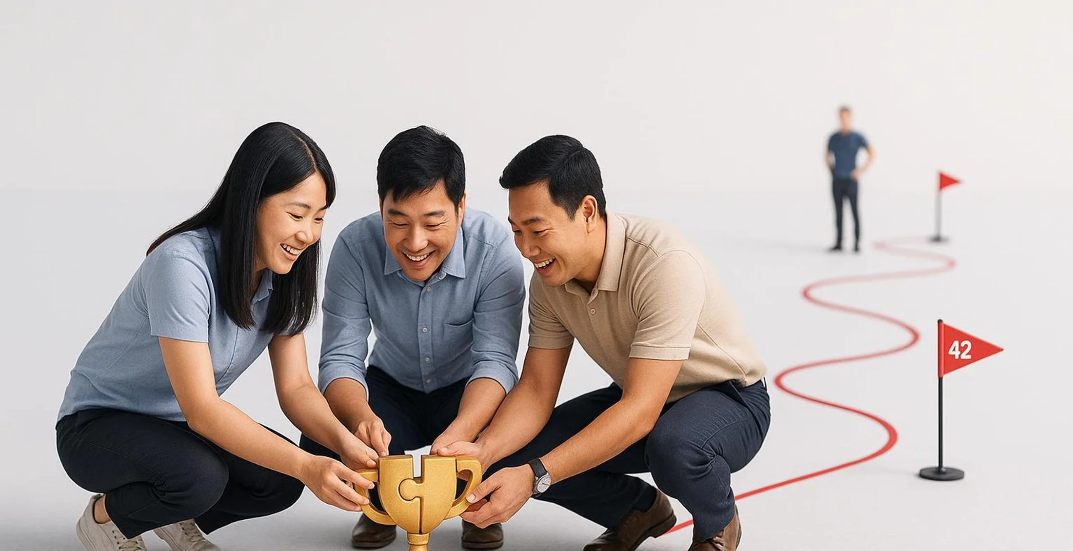 Asian colleagues take part in a purposeful team activity in a clean Singapore setting.