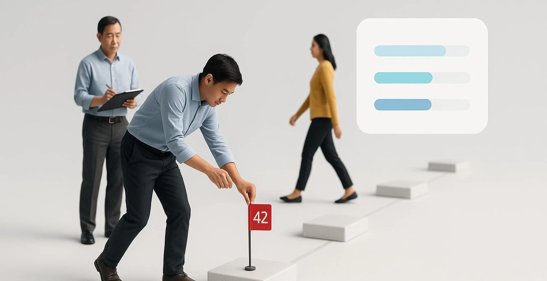 Asian colleagues take part in a purposeful team activity in a clean Singapore setting.