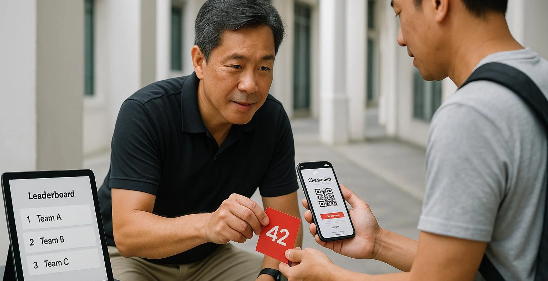 Asian colleagues plan a corporate Amazing Race route together using practical checkpoints.