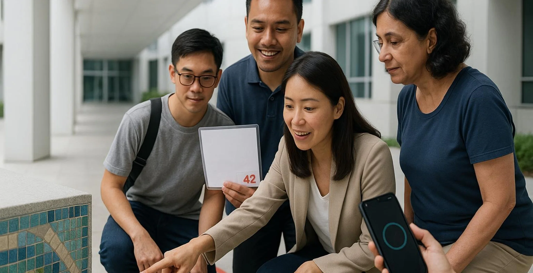 Asian colleagues plan a corporate Amazing Race route together using practical checkpoints.