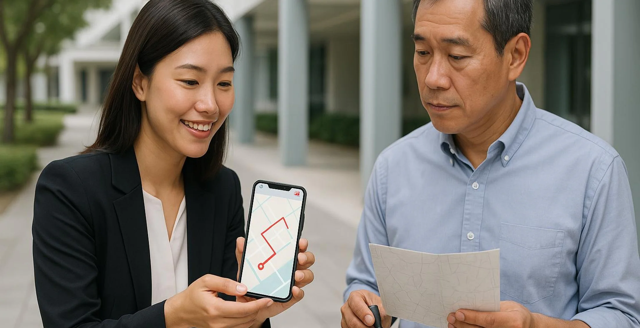 Asian colleagues plan a corporate Amazing Race route together using practical checkpoints.