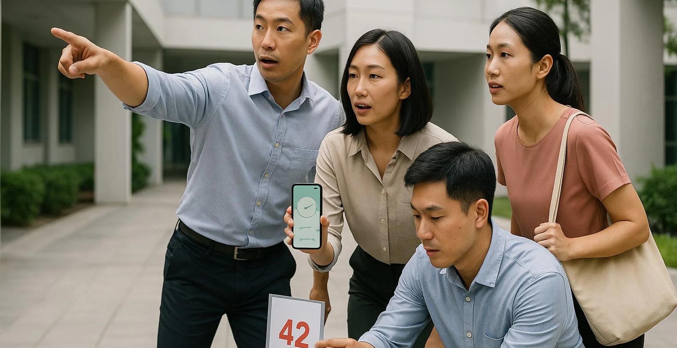 Asian colleagues plan a corporate Amazing Race route together using practical checkpoints.