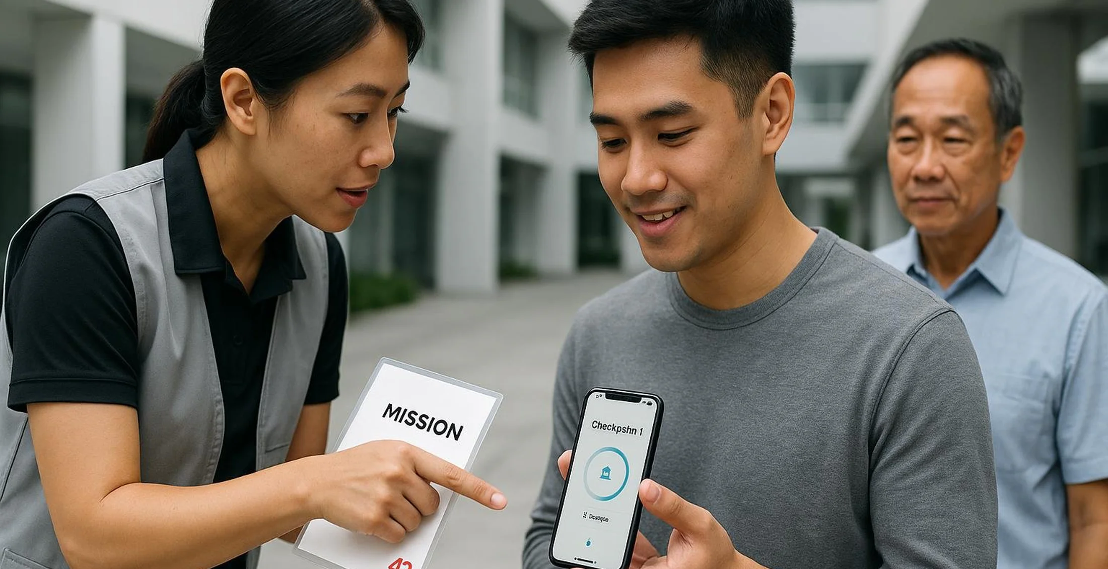 Asian colleagues plan a corporate Amazing Race route together using practical checkpoints.