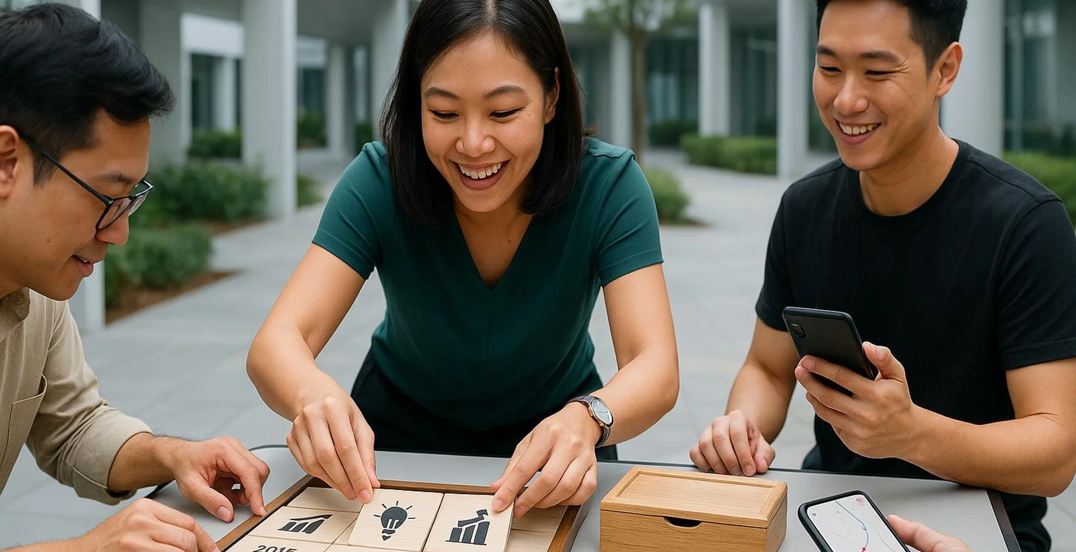 Asian colleagues plan a corporate Amazing Race route together using practical checkpoints.