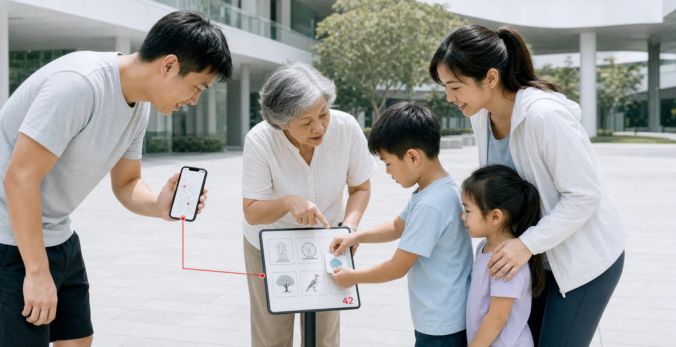 A multigenerational Asian family solves a low-intensity Amazing Race checkpoint together in Singapore.