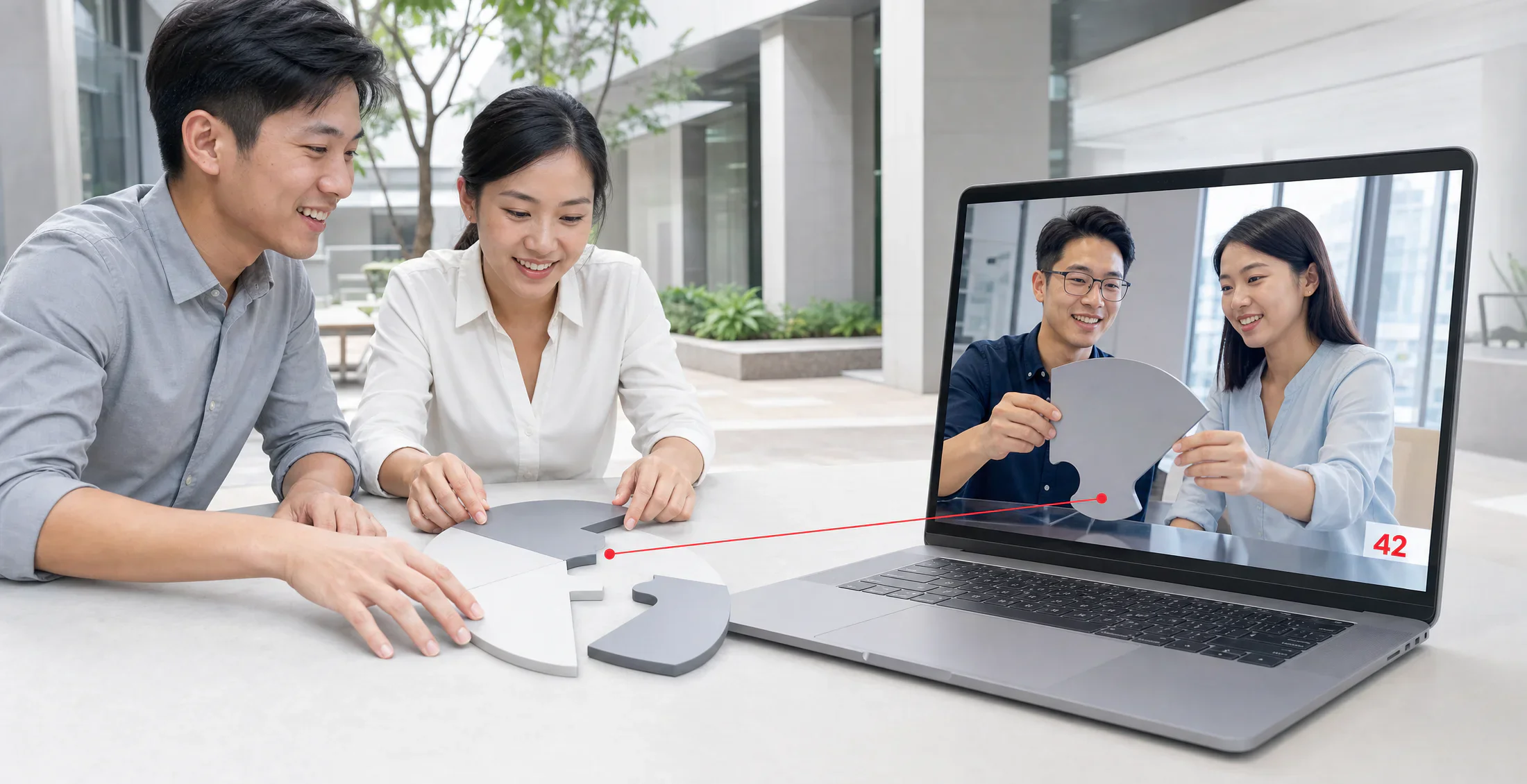 Asian colleagues complete one shared puzzle together across Singapore and regional offices.
