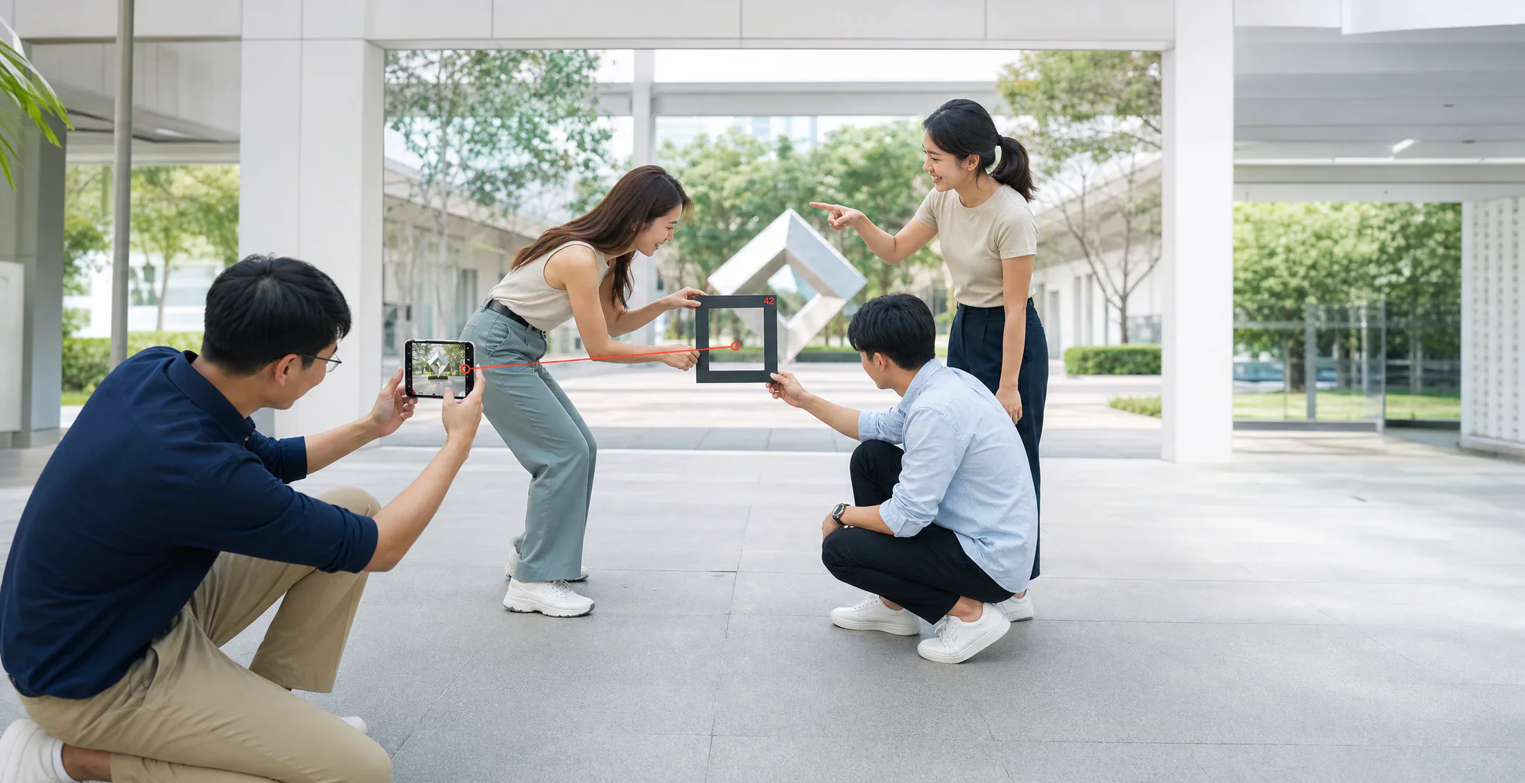 Asian colleagues enjoy a playful perspective challenge built around discovery and shared contribution.