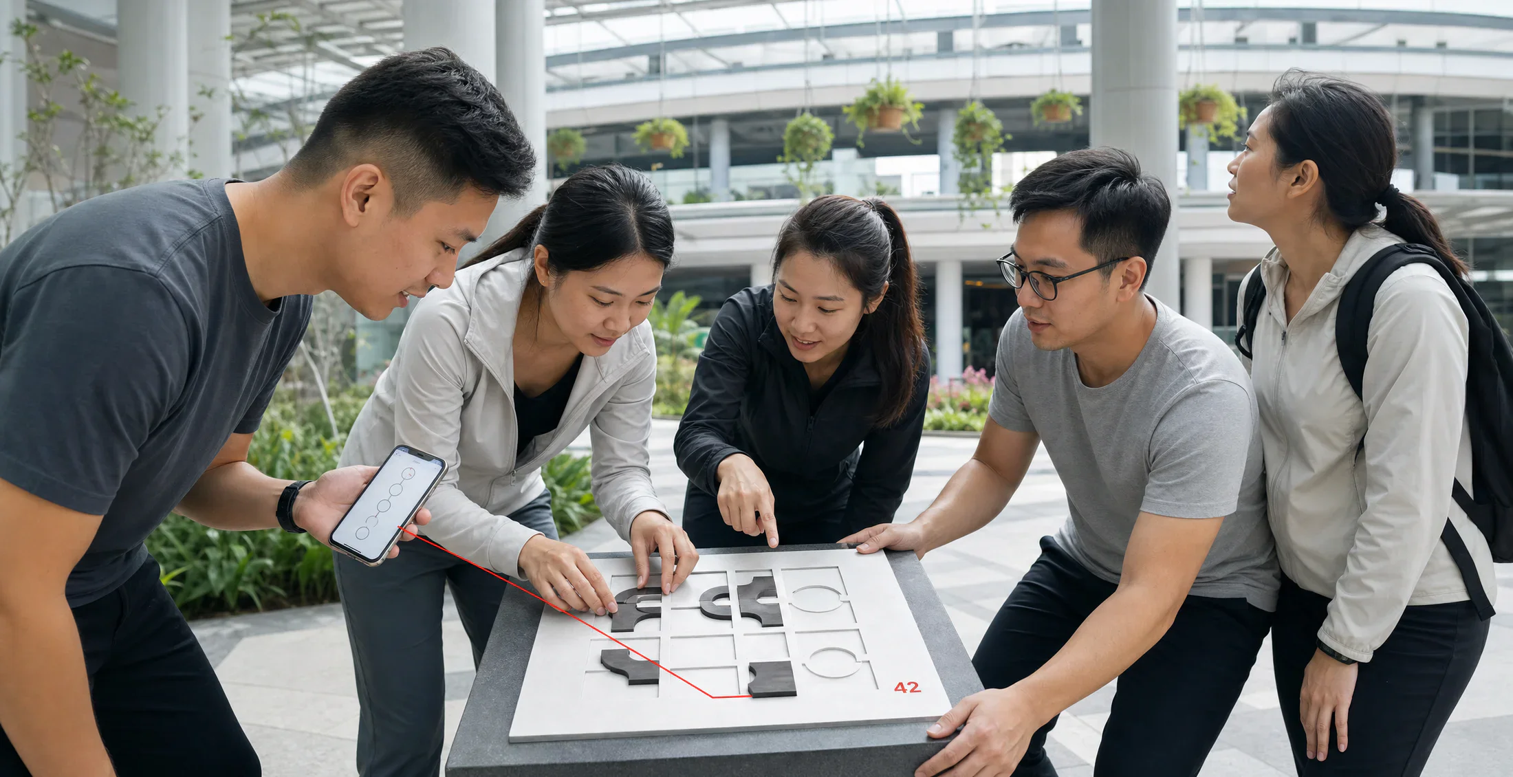 Five Asian colleagues contribute different strengths while solving one inclusive Amazing Race checkpoint.
