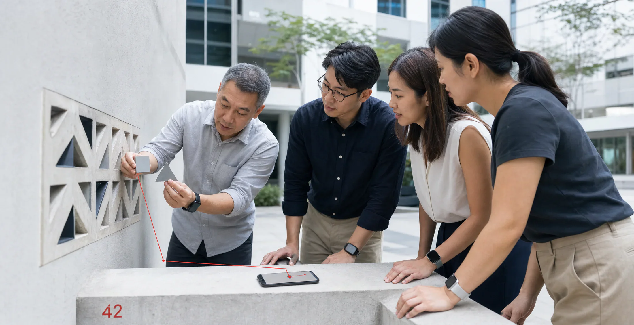 A mixed-age Asian team follows one colleague’s insight during an authentic observation challenge.