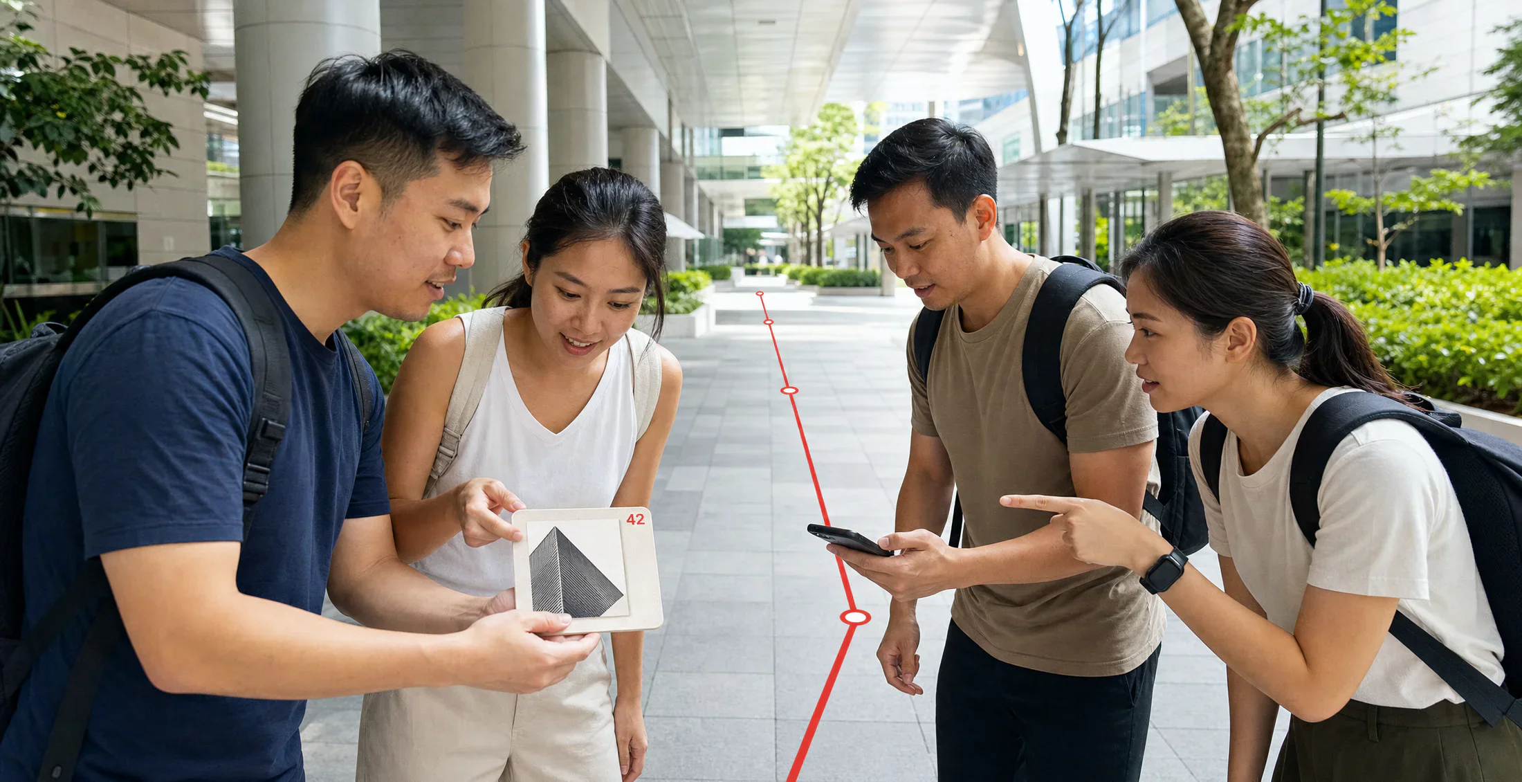 Asian colleagues solve an observation checkpoint while exploring a sheltered Singapore business district.