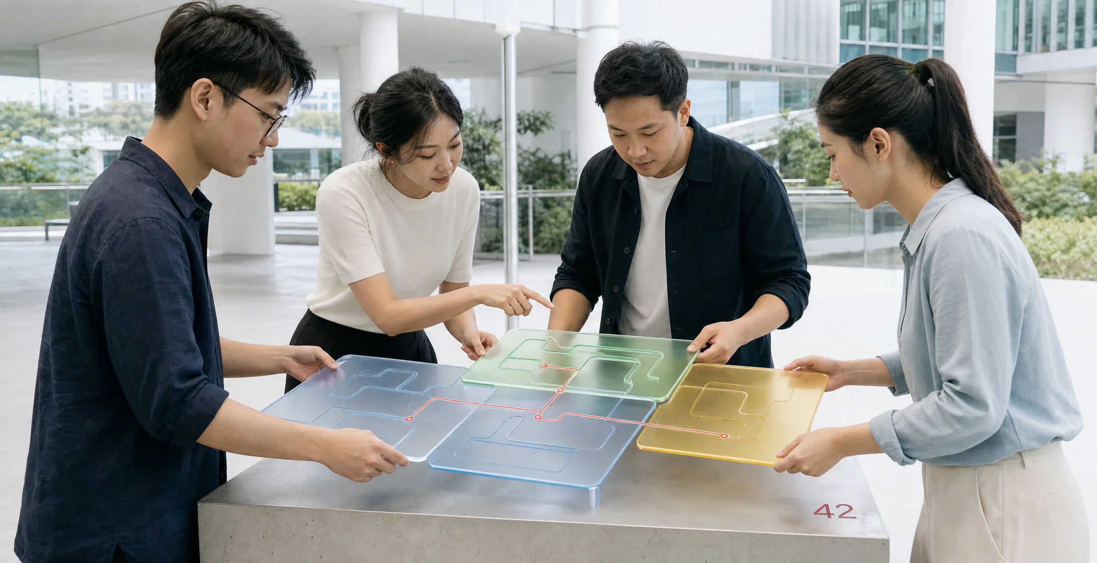 Four Asian colleagues align their different contributions to reveal one shared team route.