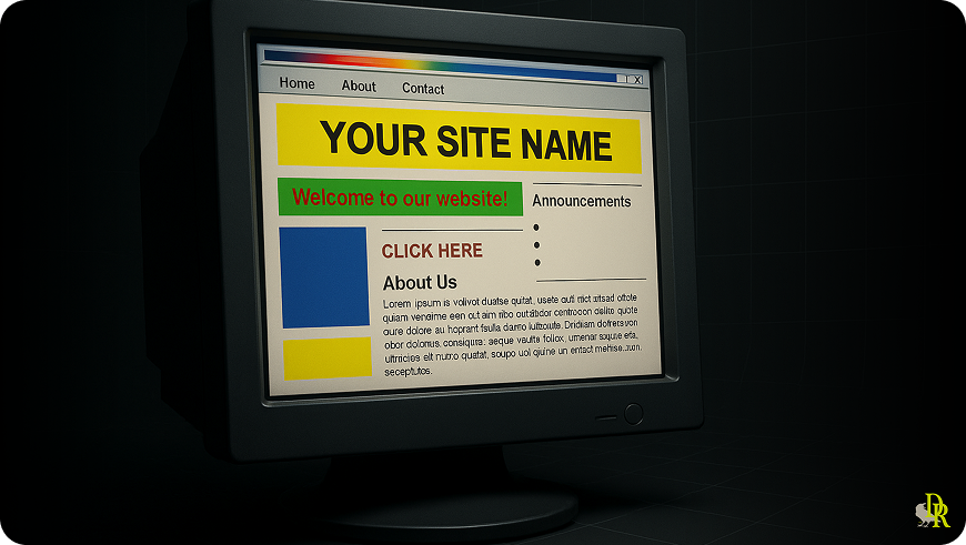 Outdated desktop monitor showing a poorly designed website with mismatched colors and confusing layout — visual example of bad UX/UI.
