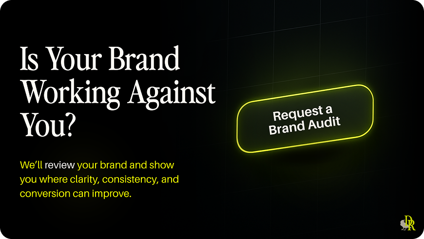 Modern dark grid design with glowing neon green button reading 'Request a Brand Audit' — showcasing Draper Designs' strategic brand services.