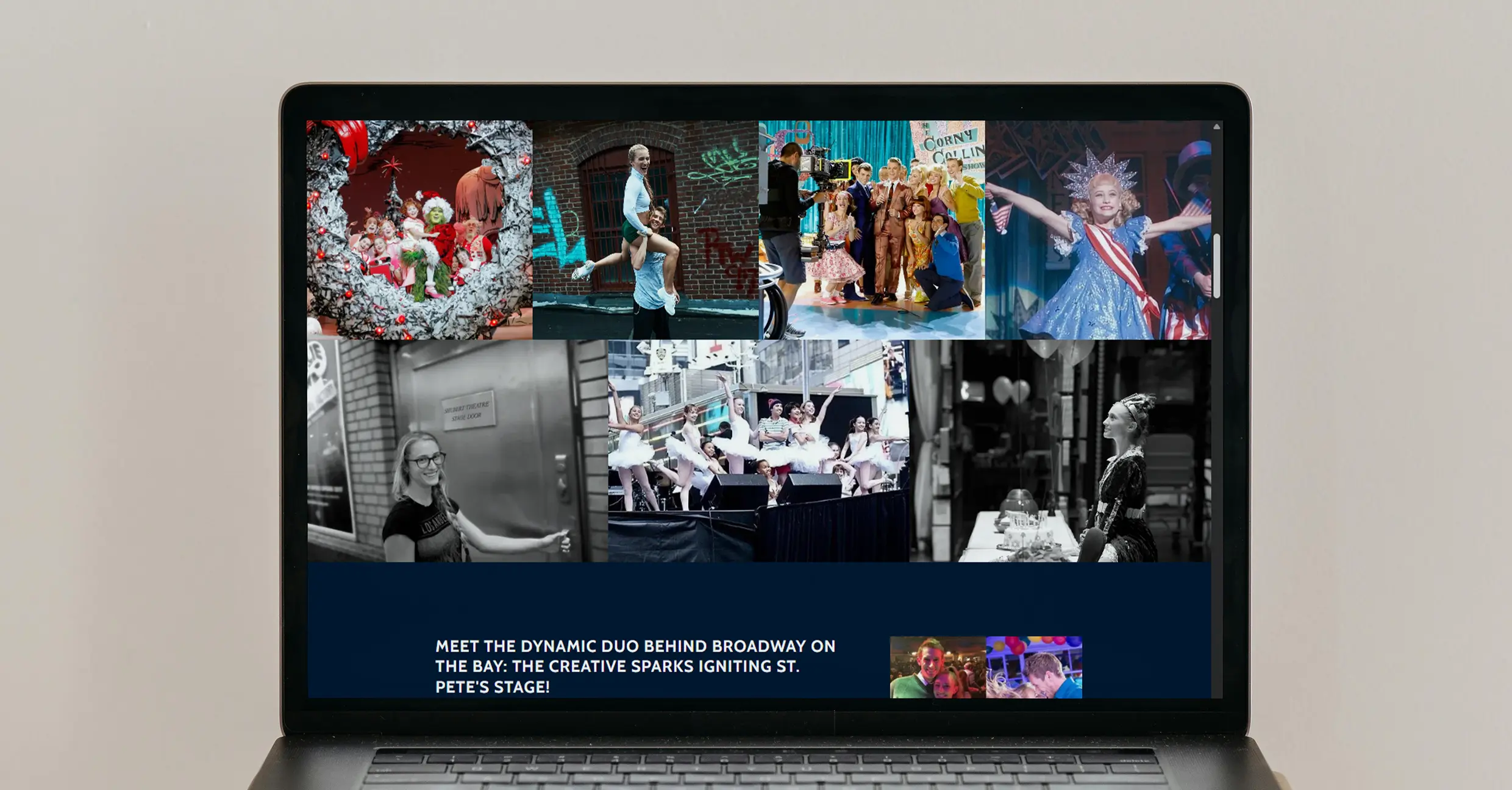 Broadway on the Bay digital experience shown on laptop with live performances, behind-the-scenes moments, and cast highlights