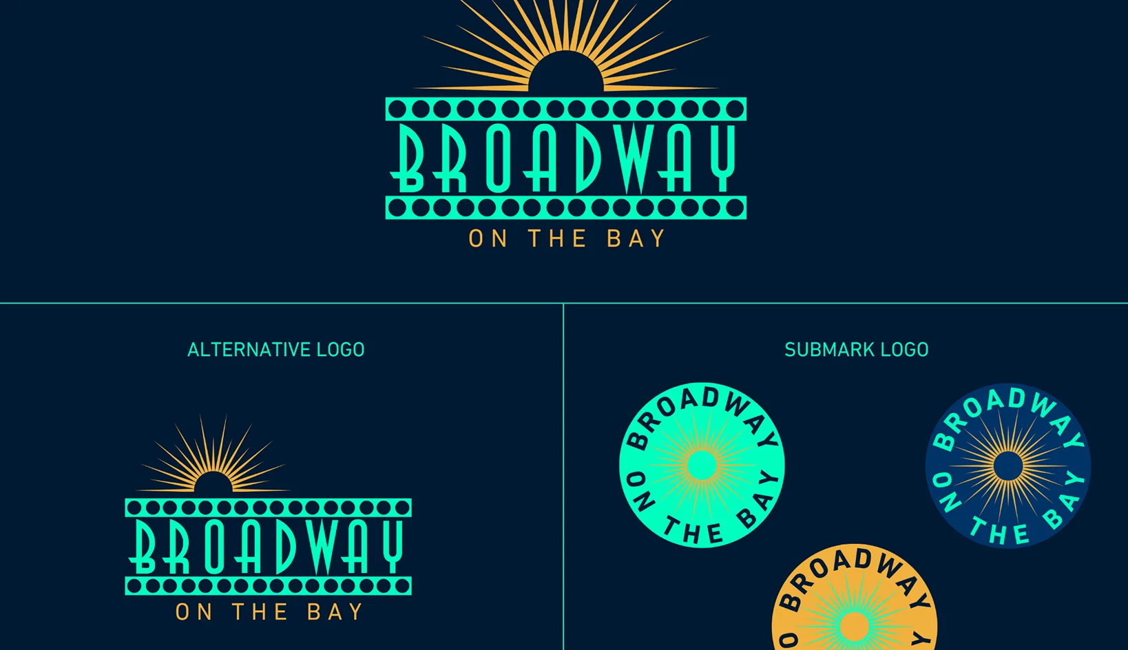 Broadway on the Bay brand identity overview featuring logo variations, color palette, and visual assets designed for live entertainment