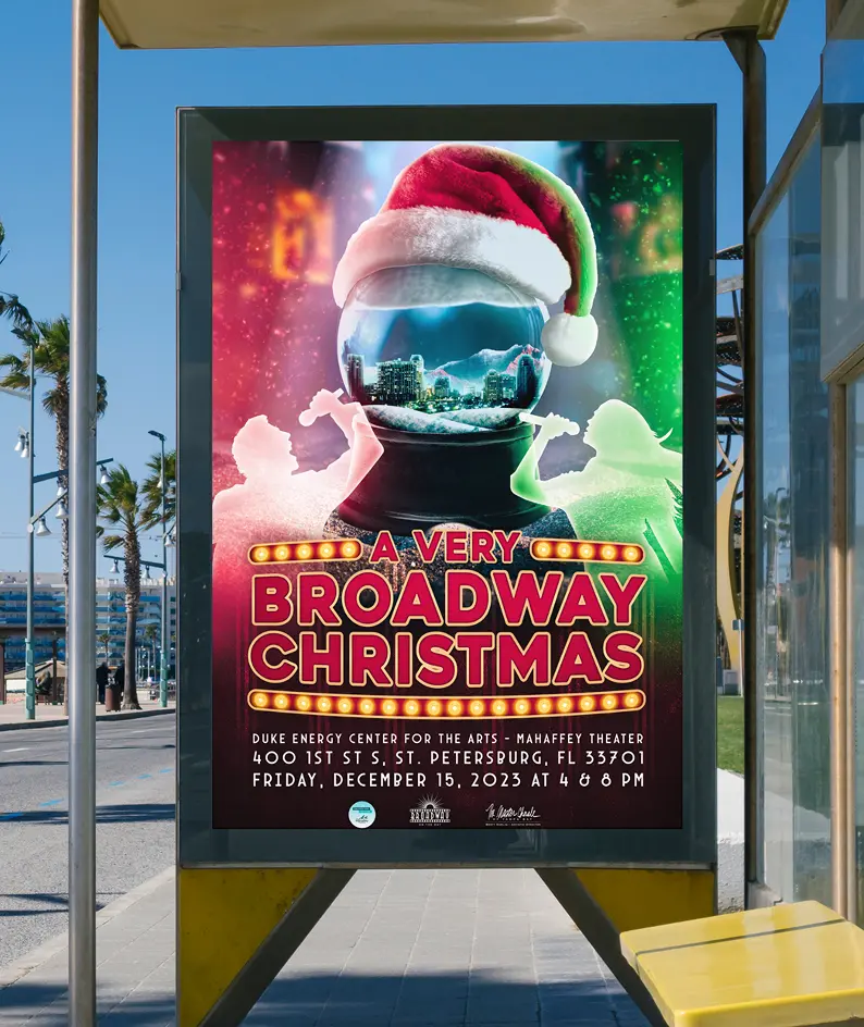 Colorful event poster for Broadway on the Bay’s “A Broadway Christmas” featuring Santa in sunglasses and neon theater lights