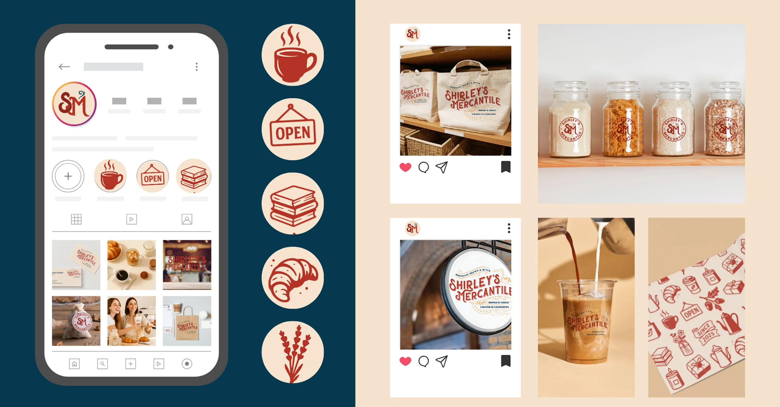 Shirley’s Mercantile mobile app and brand visuals including social media feed, menu, and packaging elements