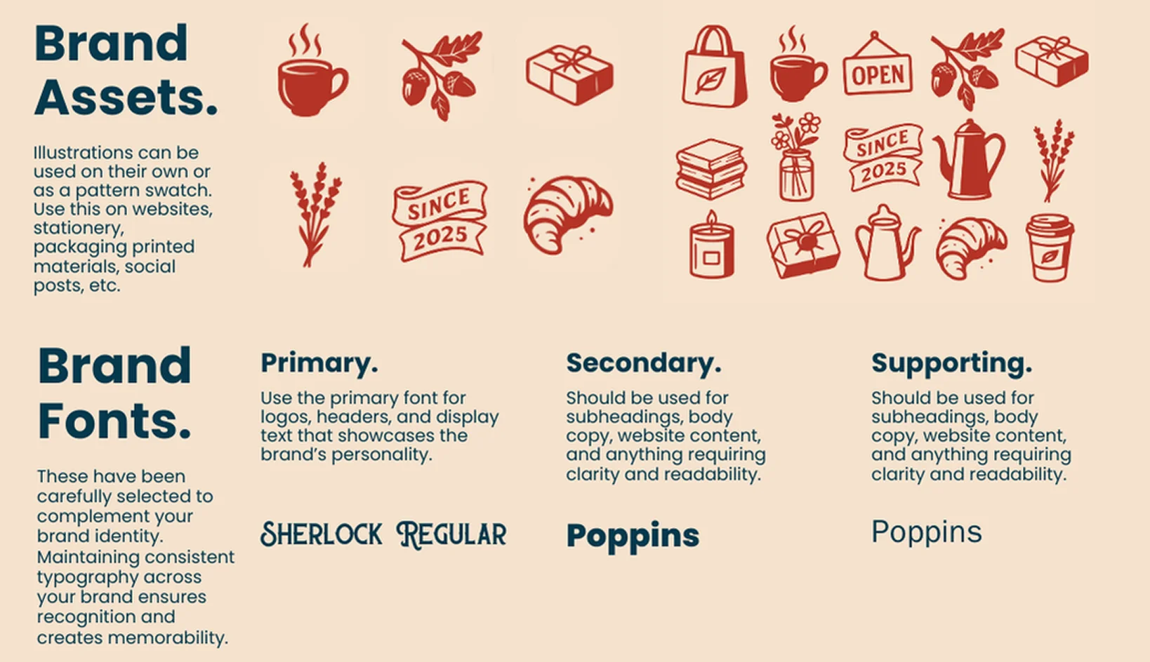 Brand board for Shirley’s Mercantile with logo variations, custom illustrations, font selections, and design guidelines