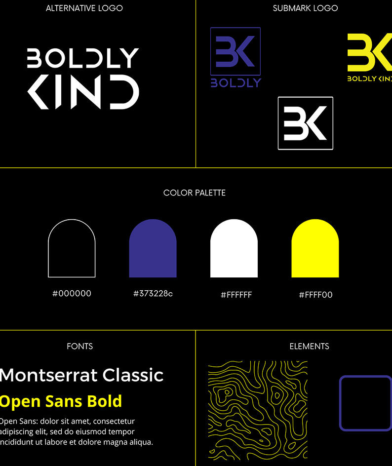 Boldly Kind Apparel brand guidelines including logo variations, typefaces, and core color palette for visual consistency