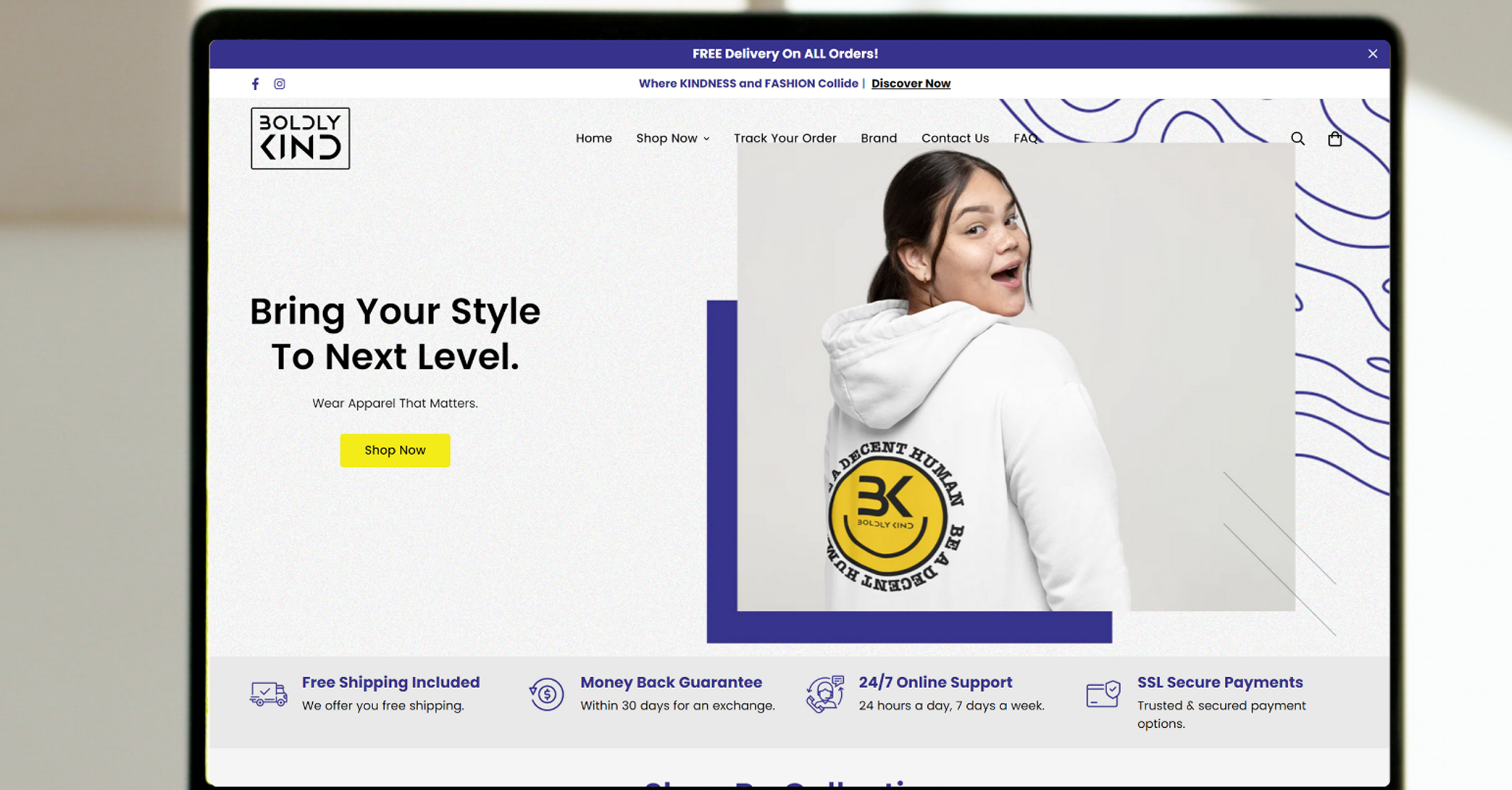 Boldly Kind Apparel’s homepage design featuring ethical fashion, bold graphics, and inclusive messaging