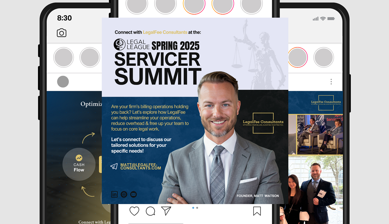Professional LinkedIn post introducing LegalFee Consultants executive at Servicer Summit, designed to boost brand visibility