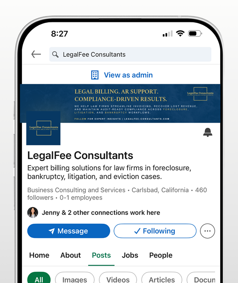 LegalFee Consultants LinkedIn business page highlighting credibility, services, and mortgage industry expertise