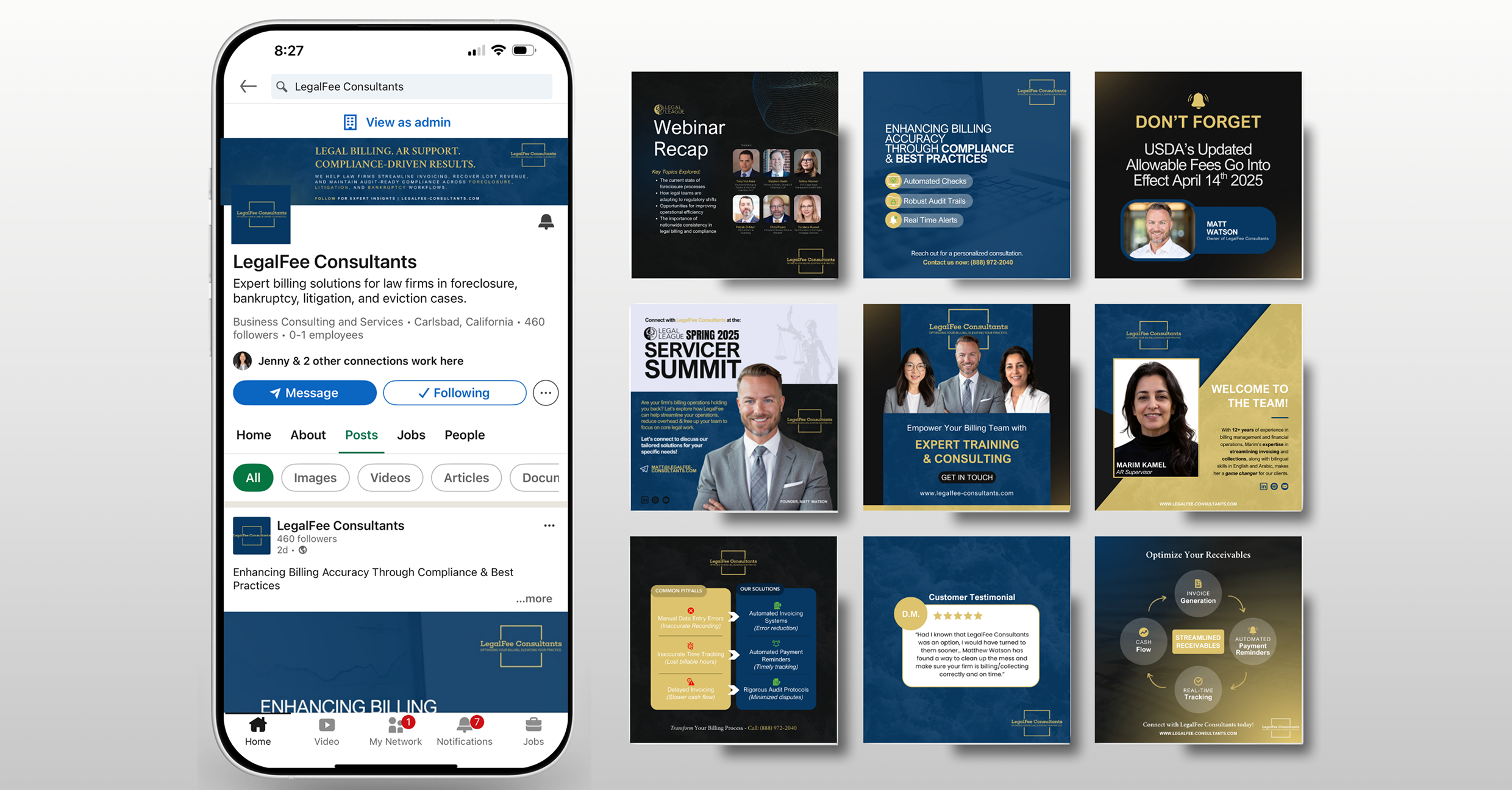 Social media campaign featuring LegalFee Consultants team insights, service transparency, and brand visuals