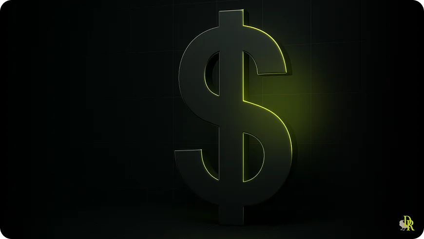 Large dollar sign with luminous green edge on a dark grid background — symbolizing the ROI of design and branding strategy