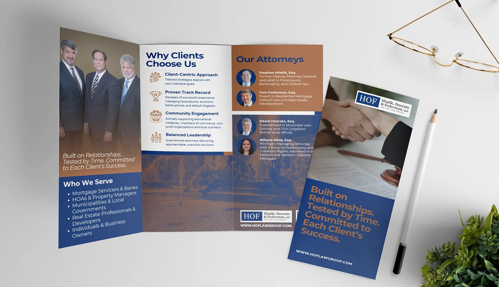 Branded trifold brochure and direct mail collateral for HOF Law Group showcasing legal services and leadership