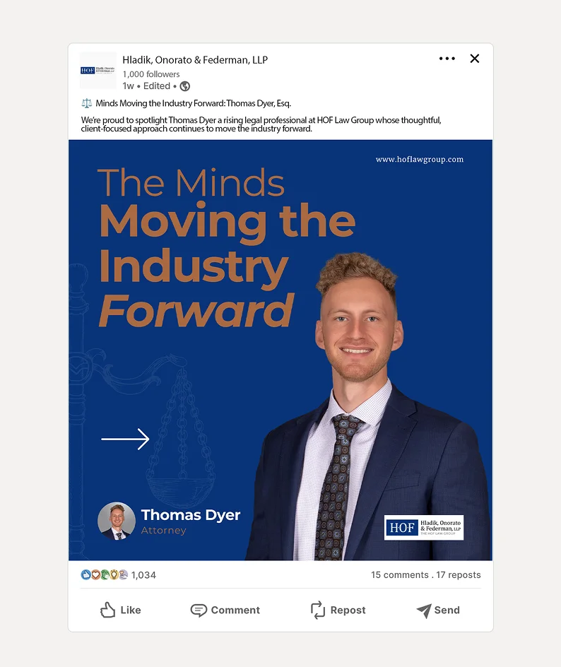 HOF Law Group LinkedIn announcement post introducing legal expert and showcasing professional branding