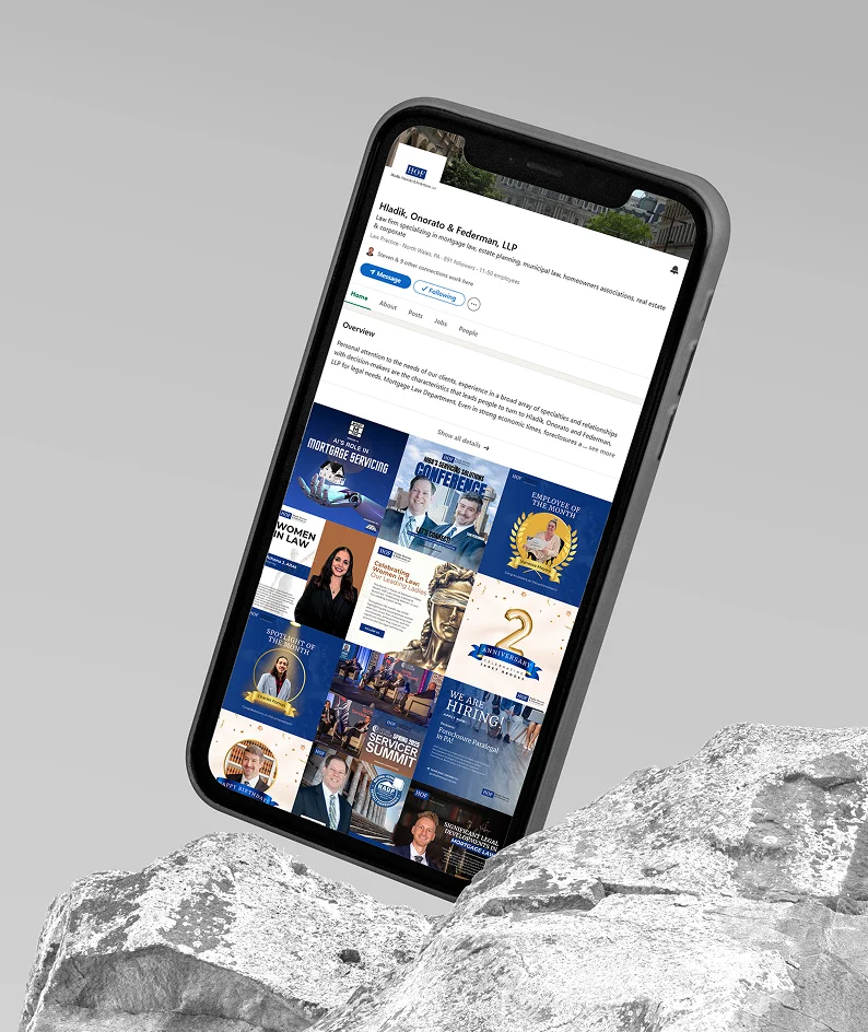 HOF Law Group LinkedIn strategy featuring custom branded social media graphics and leadership posts