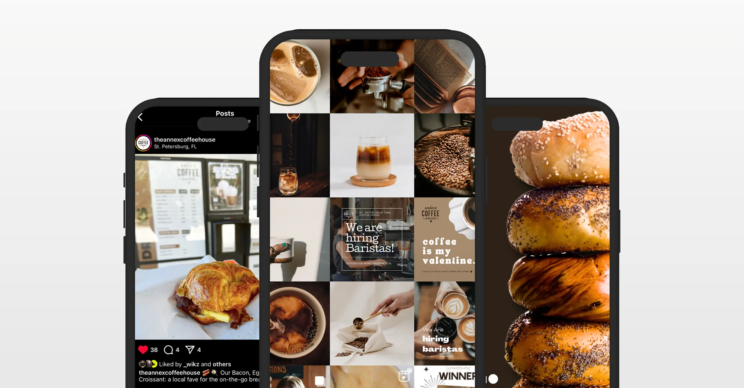 Instagram layout mockup for Annex Coffee House showing menu items and baked goods on mobile screens