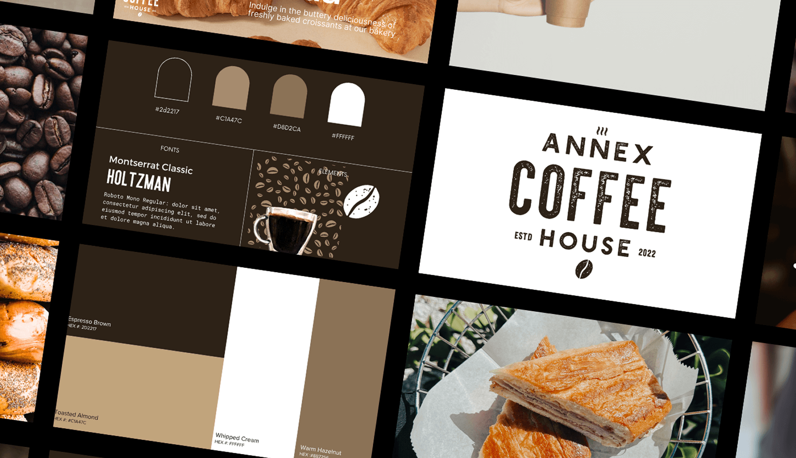 Annex Coffee House branding with neutral color palette, logo, baked goods, and visual identity elements