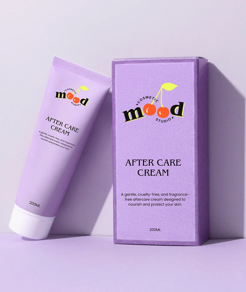 Branded aftercare cream packaging for Mood Cosmetic Studio with lavender tubes and bold logo design